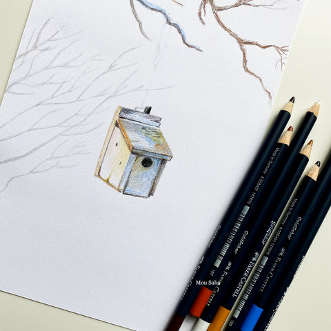 A bird house sketch with Goldfaber color pencils