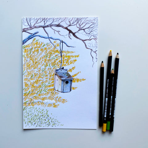 Bird house sketch with Goldfaber color pencils