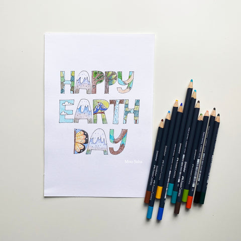 Happy Earth Day lettering with Goldfaber Color Pencils