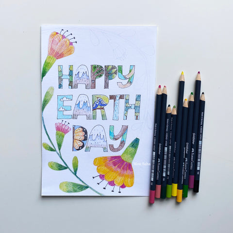 Happy Earth Day hand lettering and Goldfaber Color Pencils