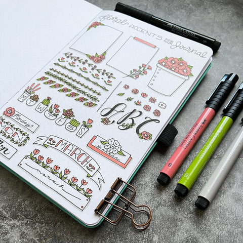 Bullet Journal with floral accents and Pitt Artist Pens