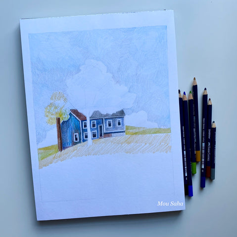Sketch with house and sky with Goldfaber color pencils
