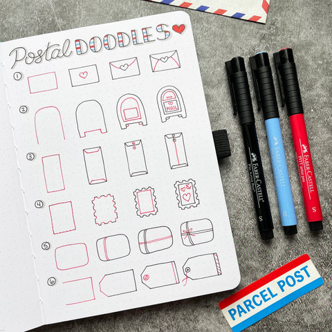 Bullet Journal with postal doodles and Pitt Artist Pens