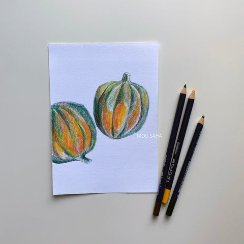 Sketch of acorn squash and Goldfaber Color Pencils