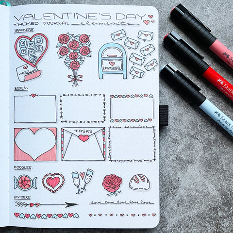 Bullet Journal with Valentine's Day doodles and Pitt Artist Pens
