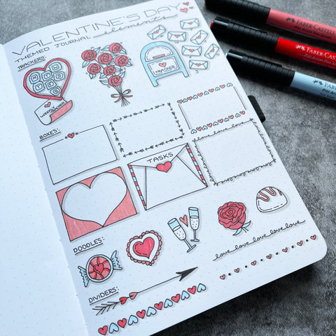Bullet Journal with Valentine's Day doodles and Pitt Artist Pens