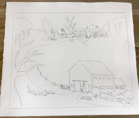 Graphite sketch of a farm
