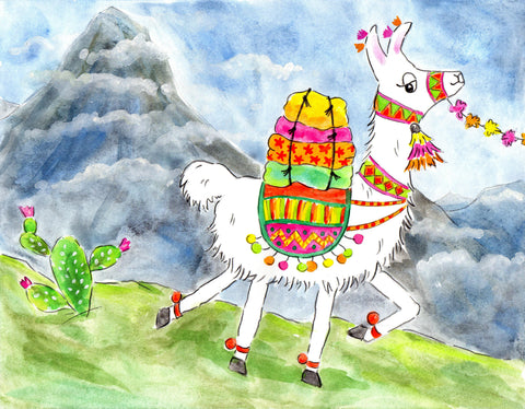 Watercolor llama in mountains