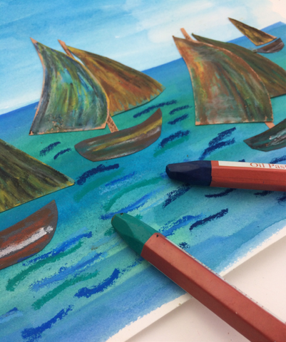 Construction paper boats and oil pastels