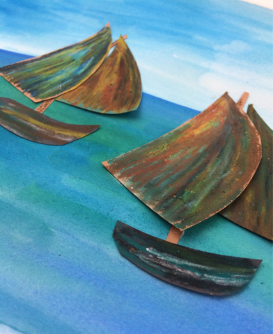 Construction paper boats and watercolor background