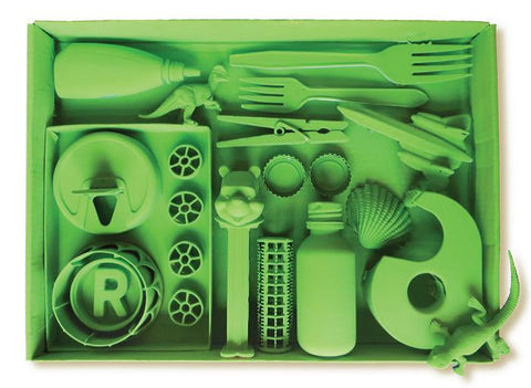 Random objects painted green in box lid