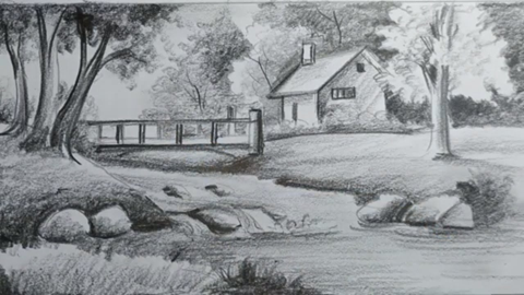 Graphite drawing of a house and bridge