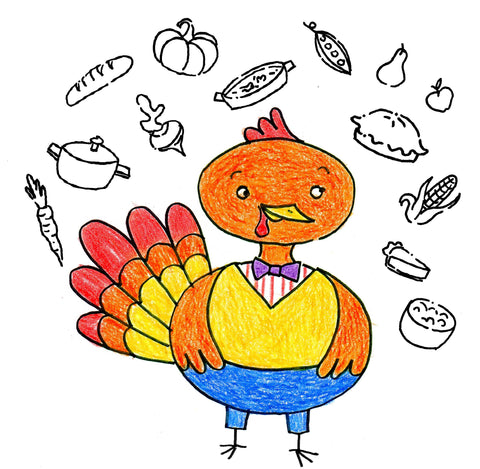 Colored-in turkey with Thanksgiving food