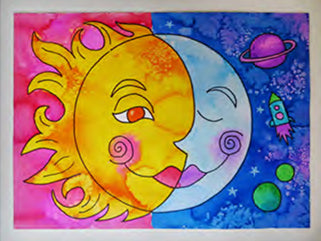 Watercolor half sun half moon 