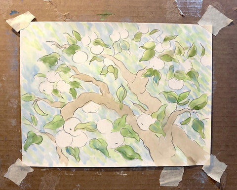 Watercolor apple orchard