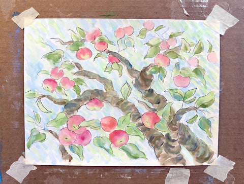 Watercolor apple orchard
