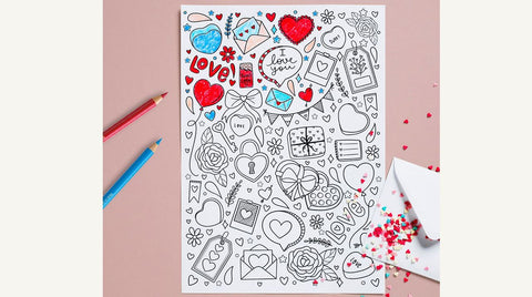 Valentine's Day coloring page and color pencils