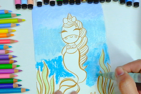 Unicorn mermaid drawing with a water brush
