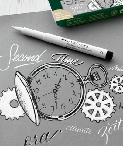 Pocket watch drawn with white Pitt Artist Pen
