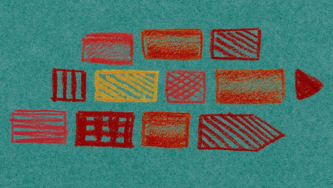 Yellow, red, and orange shapes on colored paper