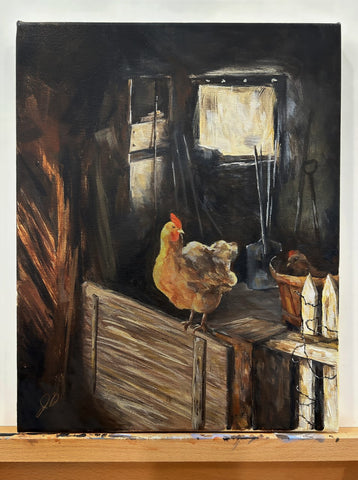 Acrylic painted chicken in a barn