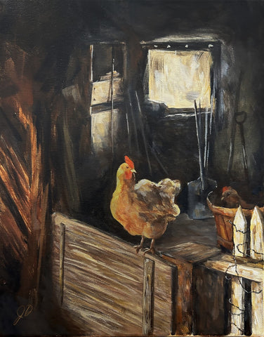 Finished acrylic painting of chicken in barn
