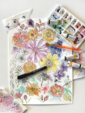 Flower sketches with watercolor tubes