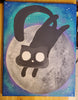 Dark Whimsical art black cat over the full moon