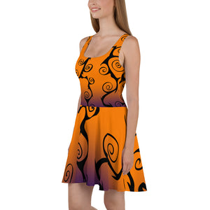Black Swirl with Purple and Orange Halloween Skater Dress side view