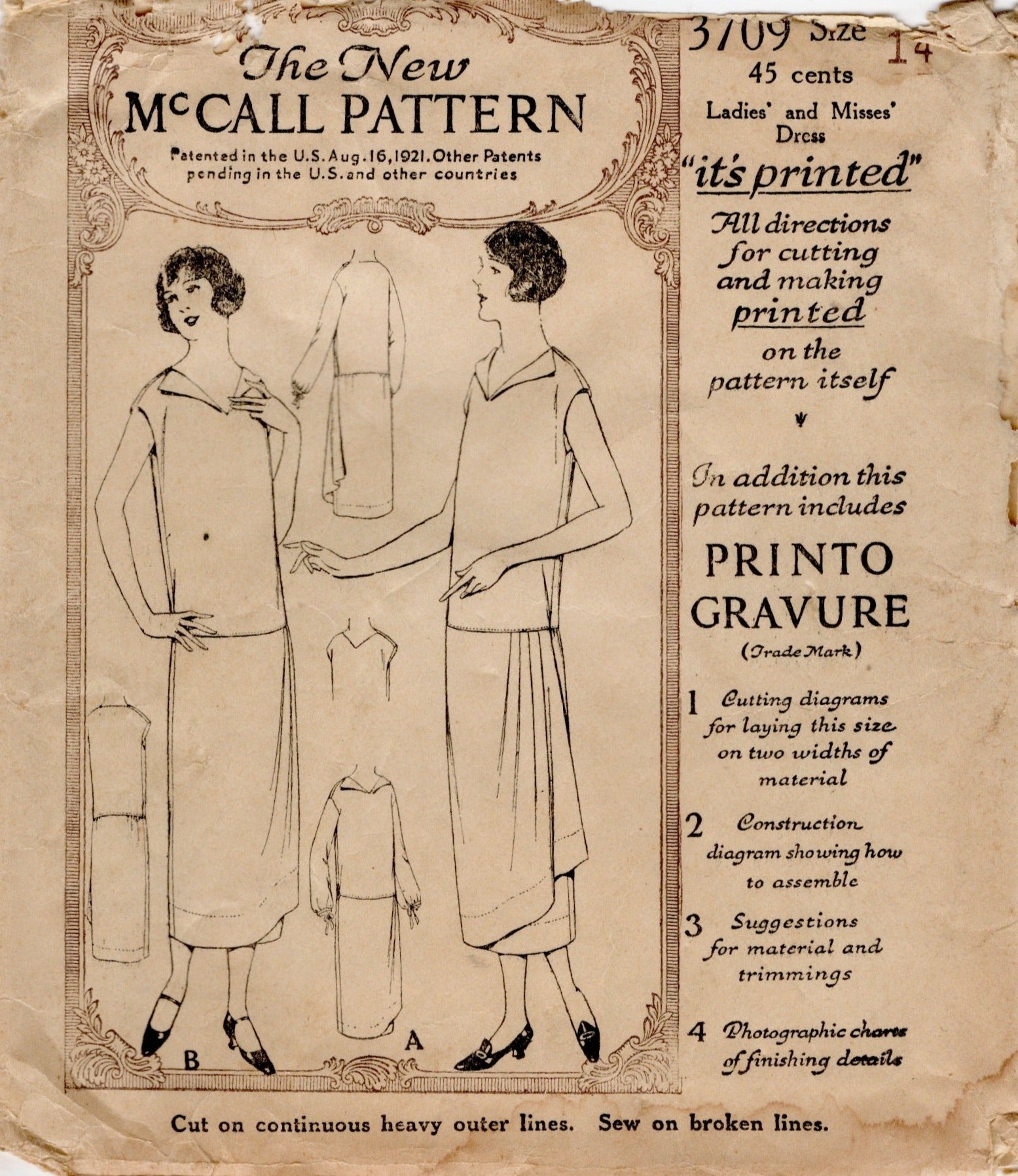 1920's McCall Drop Waist Dress Patterns with Wrap Skirt and Cap or Long Sleeves - Bust 32" - No. 3709