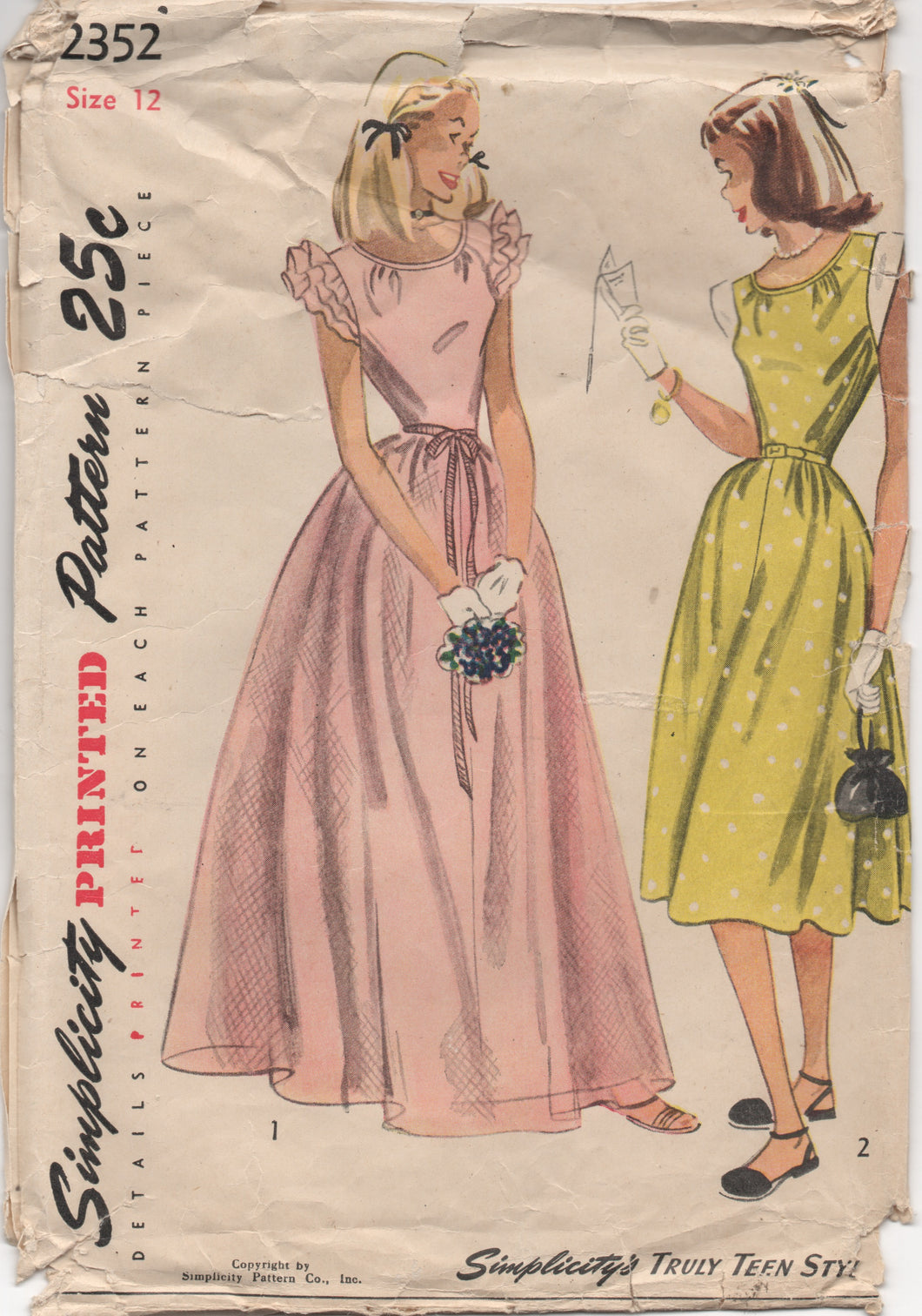 1950's Simplicity Junior's Daytime and Evening Dress pattern - Bust 30 - No. 2352