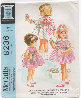 1960's McCall's Child's Dress Pattern with Peter Pan Collar and Smocking - Size 6X - No. 8236