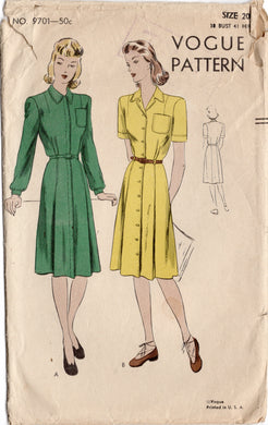 1940's Vogue One Piece Button Up Dress with or without Fly Front and Breast Pocket  - Bust 38