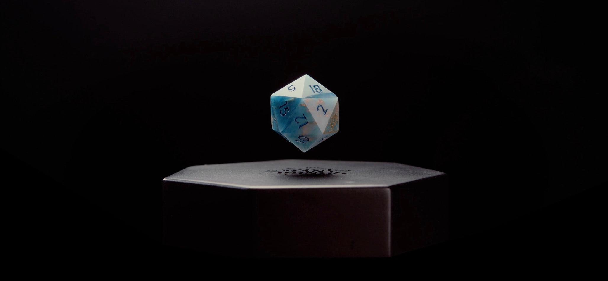 Professional wide shot of the blue floating dice