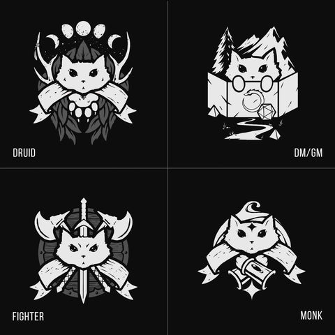 A selection of Cavern and Calicos D&D Class cat T-shirt designs