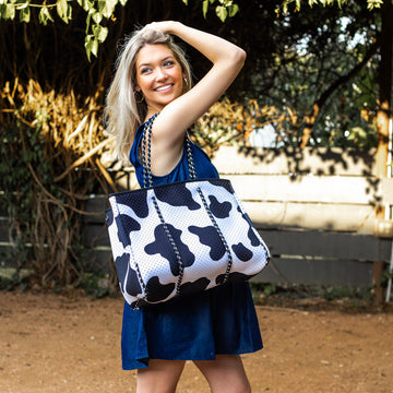 Ready To Ship | Black & White COW Print Neoprene Tote