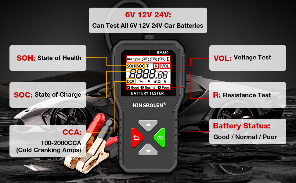 Bm550 autobatterie tester obd2 6v 12v 24v 100-2000cca 2ah-220ah