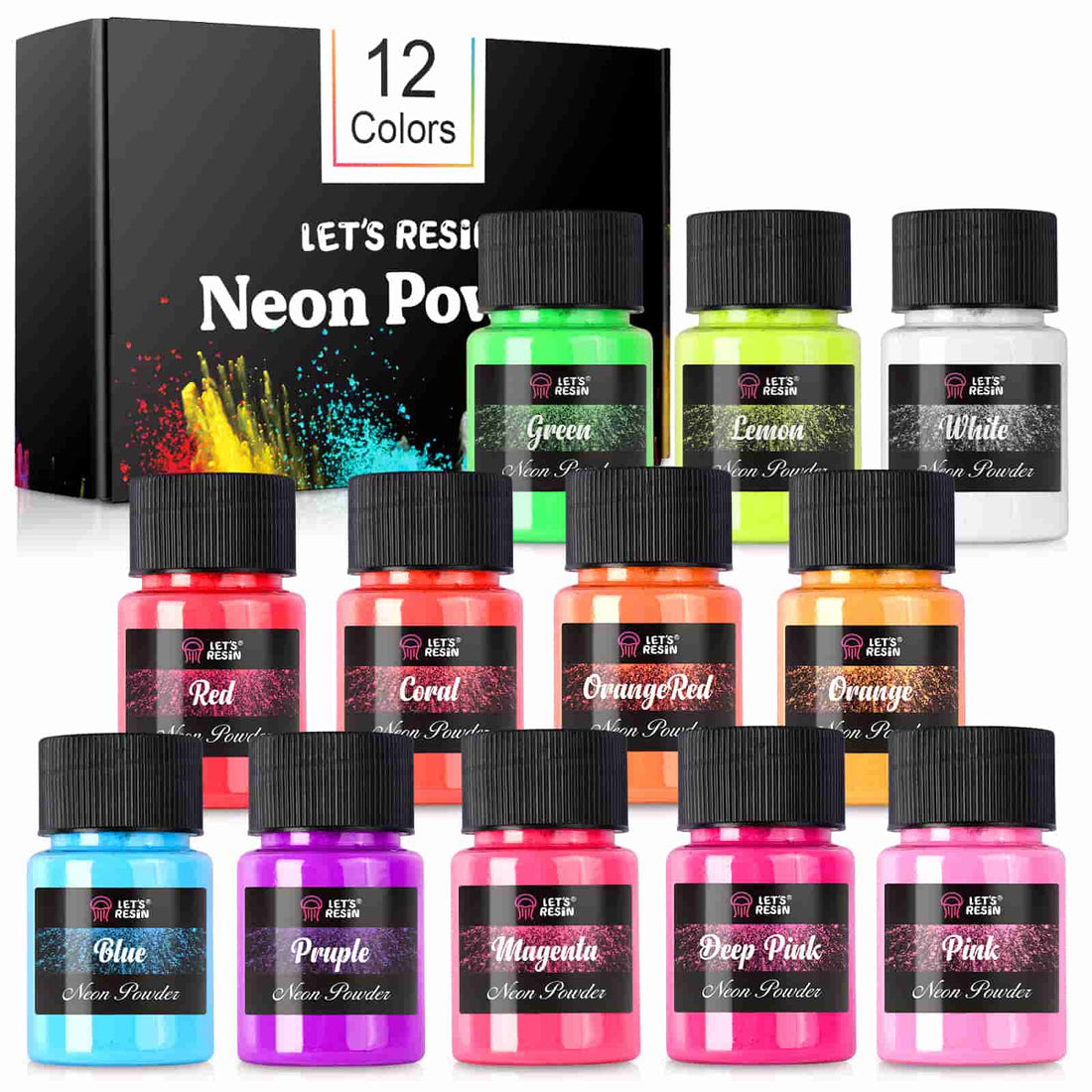 Let's Resin 12 Colors Glow in The Dark Pigment Powder - 20g/0.7oz Each Bottle Epoxy Resin Luminous Pigments for Slime, Nails, Acrylic Paint