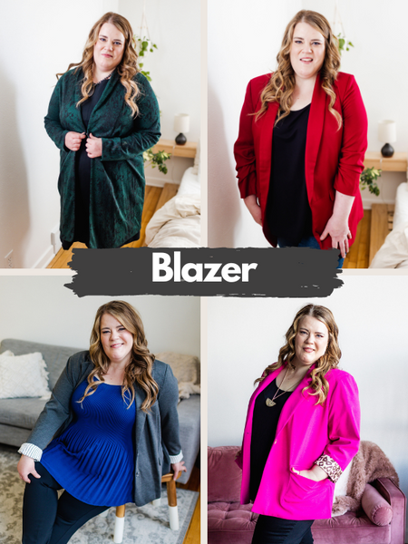 Plus size woman wearing 4 blazer options