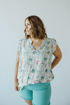 FEMININE CAP SLEEVE BLOUSE IN AQUA