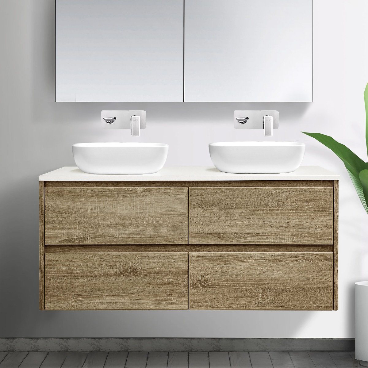 Kris 10mm Wall Hung Bathroom Vanity Double Basin Timber Look