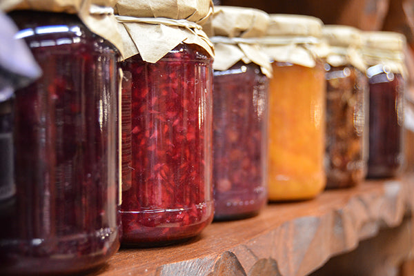 A variety of jam flavors.