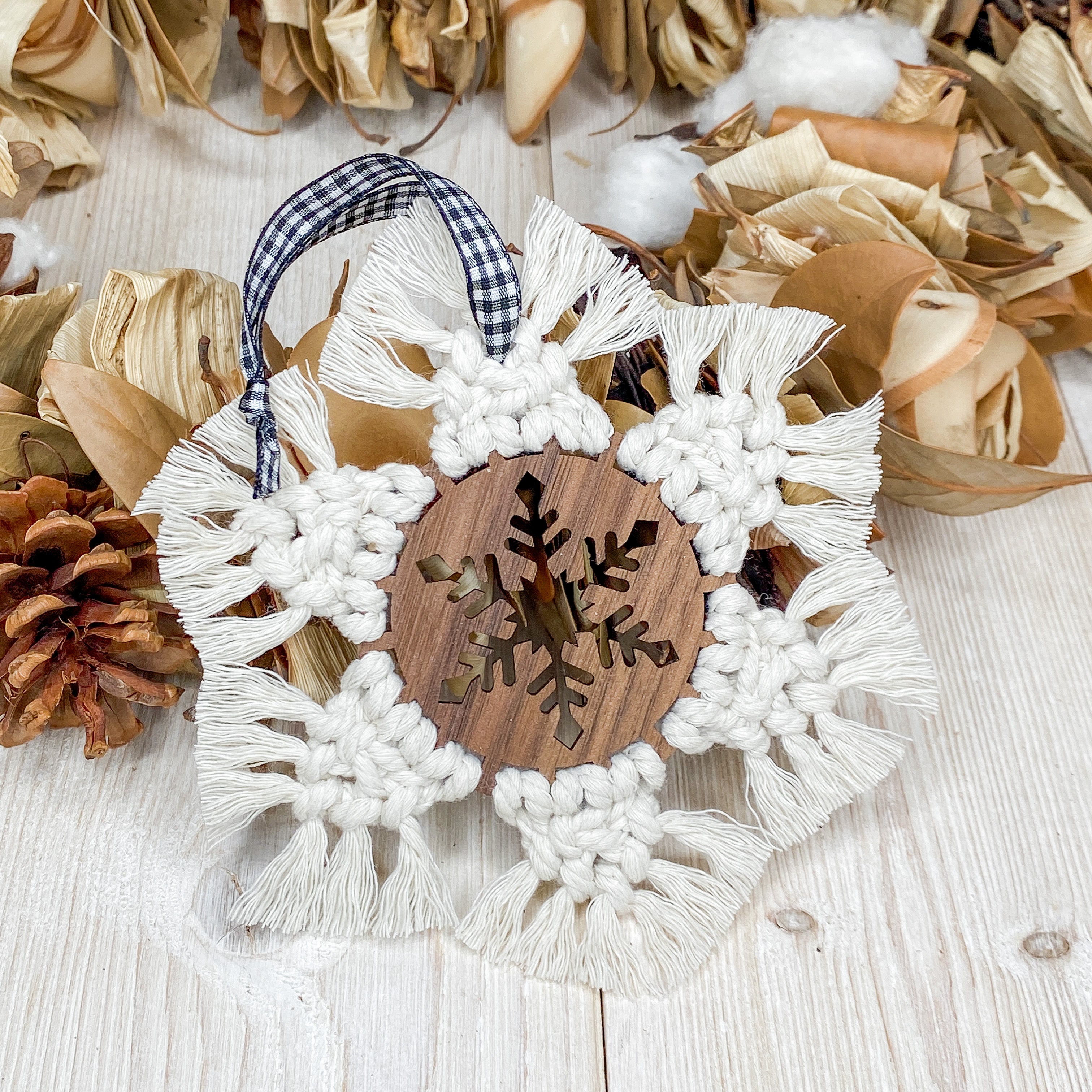 Macrame Snowflake Ornament with Walnut Center