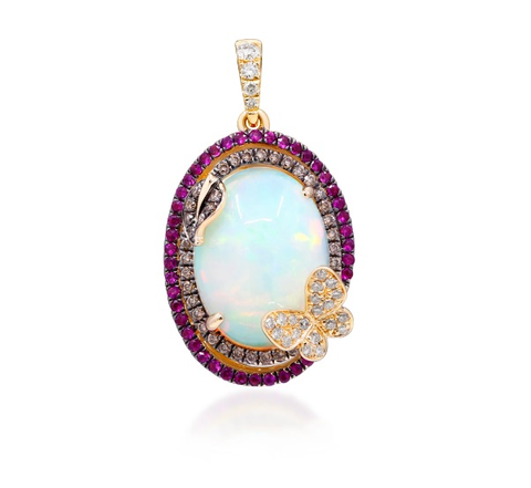 An oval shaped Ethiopian opal, diamond and ruby pendant set in gold