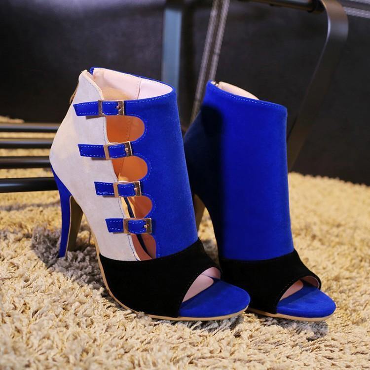 colorblock splicing hollow out buckled thin heels