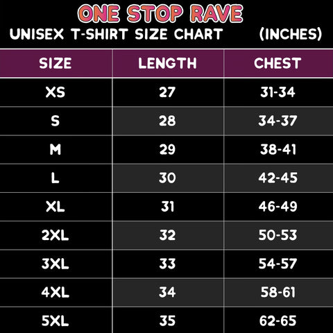 One Stop Rave Unisex T-Shirt Size Chart