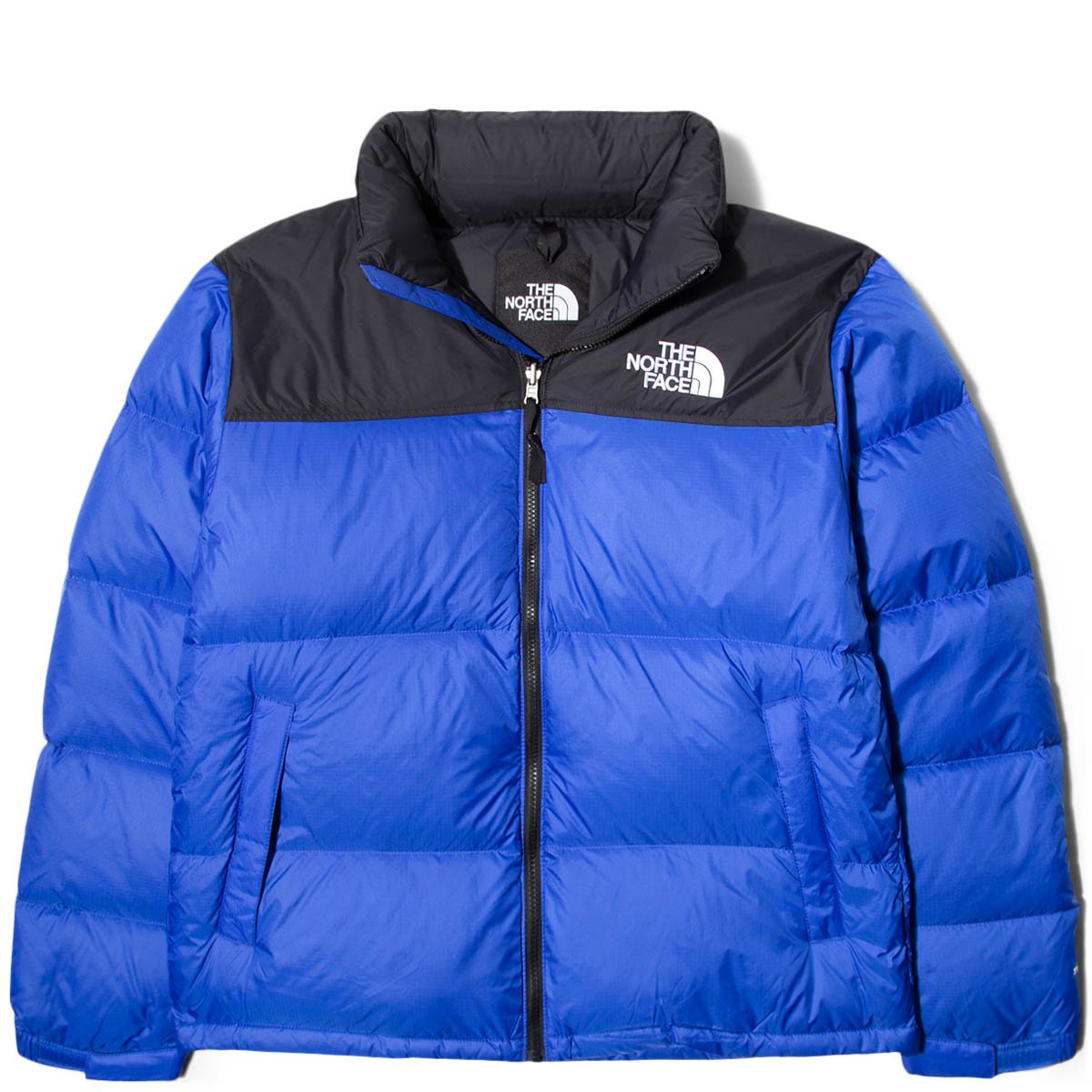 blue and black north face puffer jacket