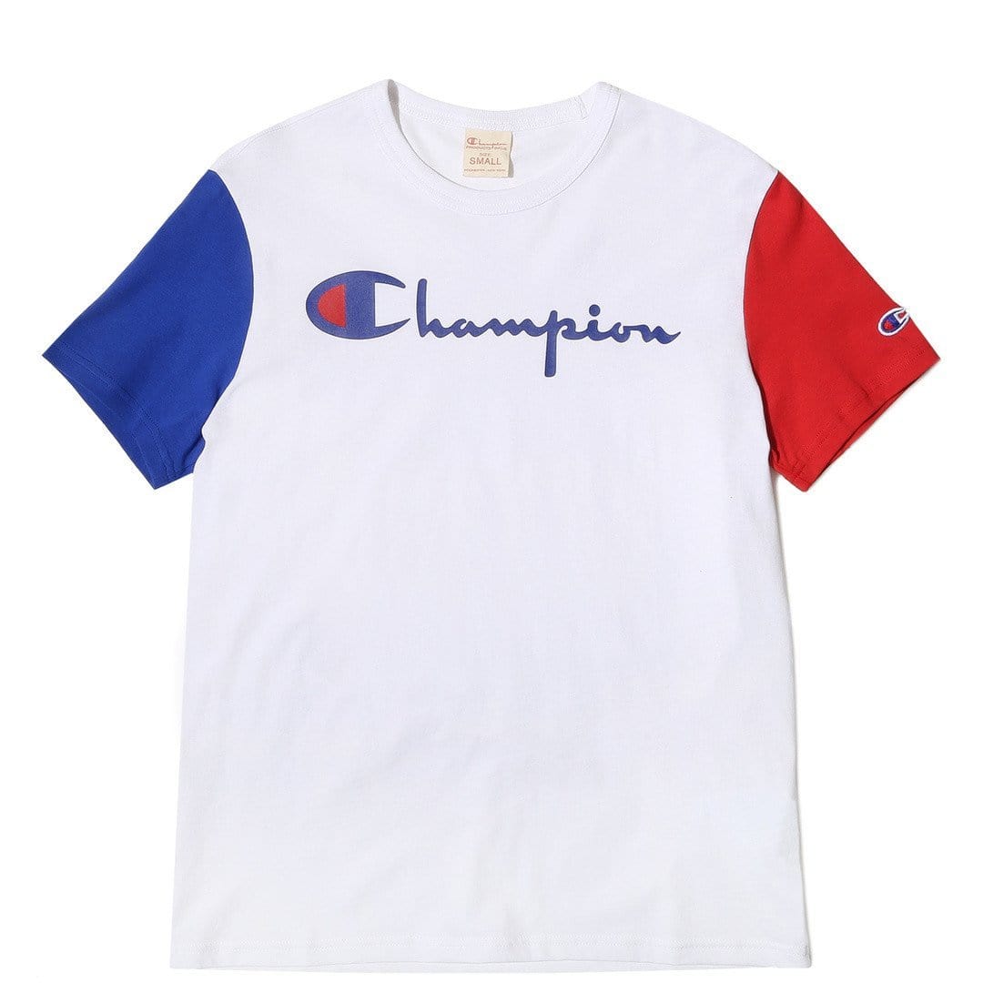 red white and blue champion shirt