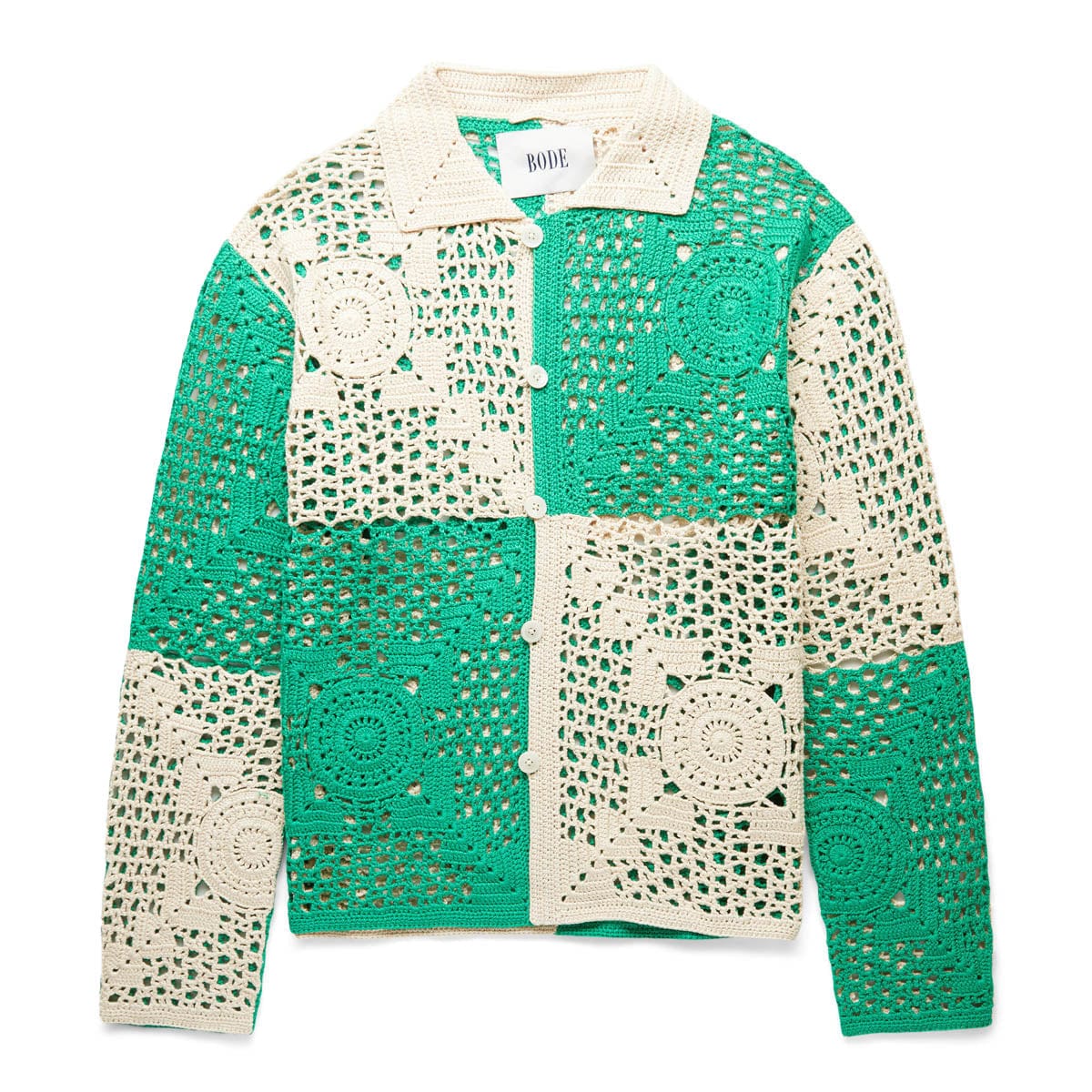 DUOTONE CROCHET OVERSHIRT GREEN/CREAM | Bodega