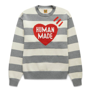 STRIPED HEART KNIT SWEATER GREY | Bodega